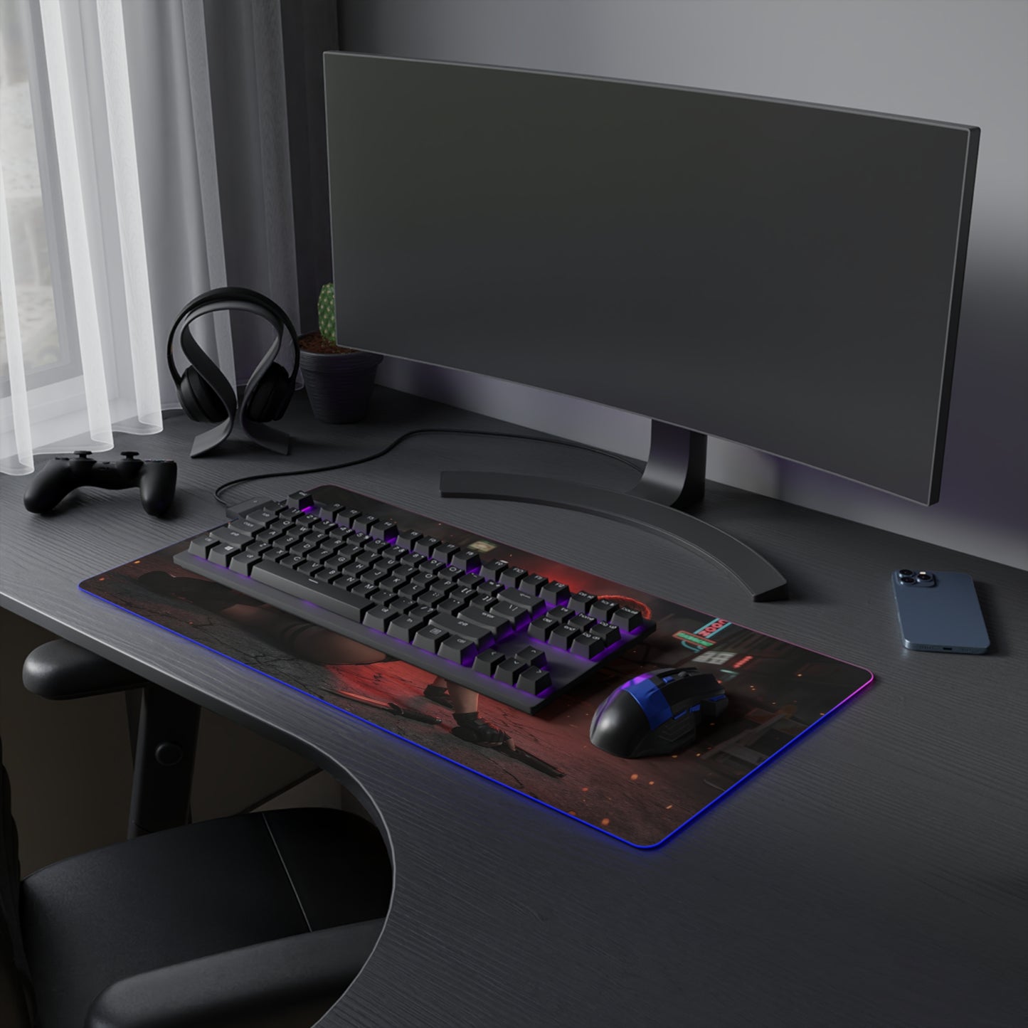 Resident Evil Mouse Pad, Claire Redfield LED RGB Desk Mat, Gift for Gamer, Horror Room Decor on black gaming desk with keyboard and mouse