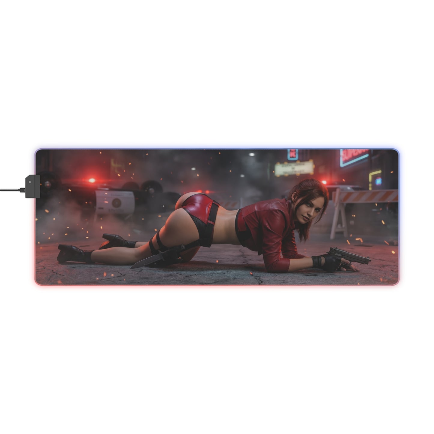 Resident Evil Mouse Pad, Claire Redfield RGB Gaming Desk Mat, Gift for Gamer, Gamer Room Decor - Claire Redfield prone pose with pistol on RGB desk mat