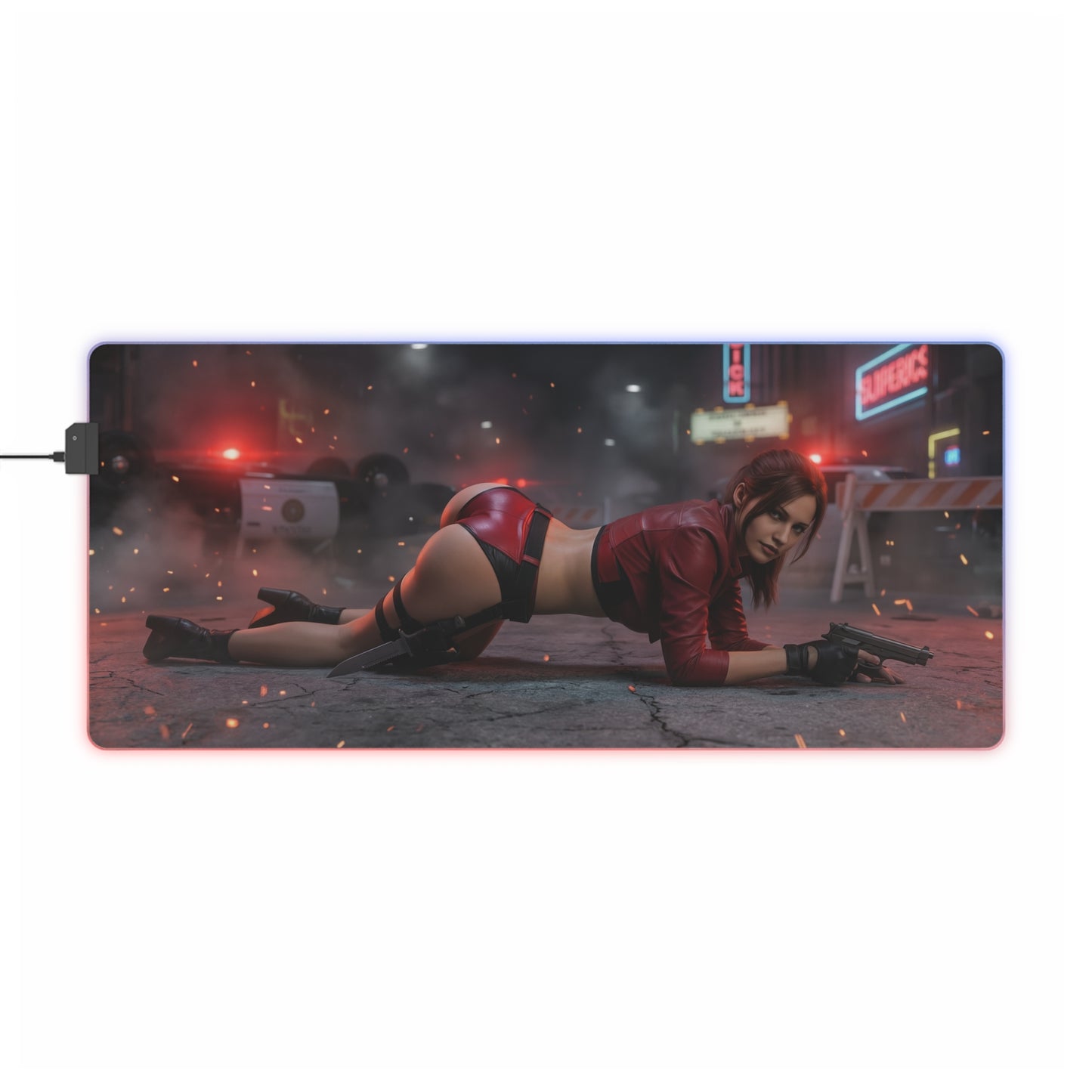 Resident Evil Mouse Pad, Claire Redfield RGB Gaming Desk Mat, Gift for Gamer, Gamer Room Decor - Claire in tactical pose on RGB desk mat