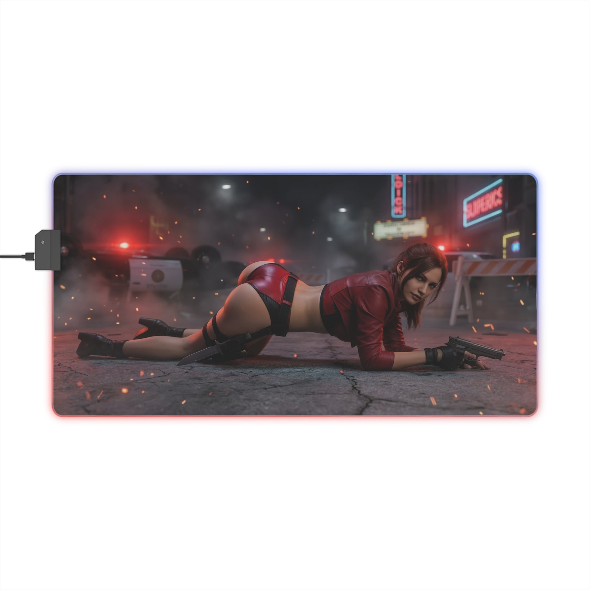 Resident Evil Mouse Pad, Claire Redfield RGB Gaming Desk Mat, Gift for Gamer, Gamer Room Decor — Claire Redfield prone action scene on RGB desk mat
