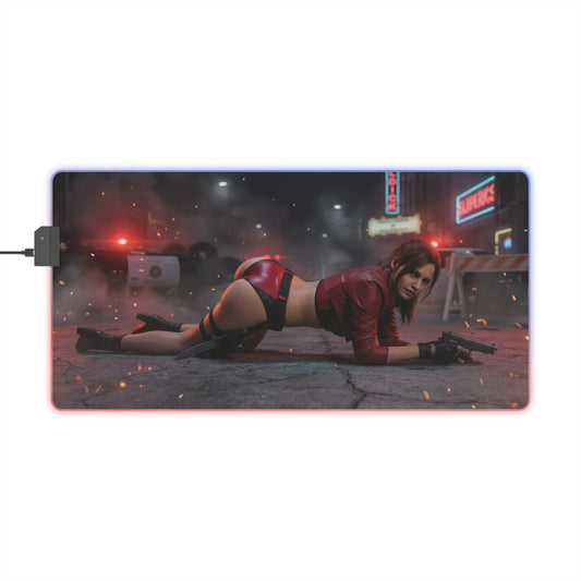 Resident Evil Mouse Pad, Claire Redfield RGB Gaming Desk Mat, Gift for Gamer, Gamer Room Decor — Claire Redfield prone action scene on RGB desk mat