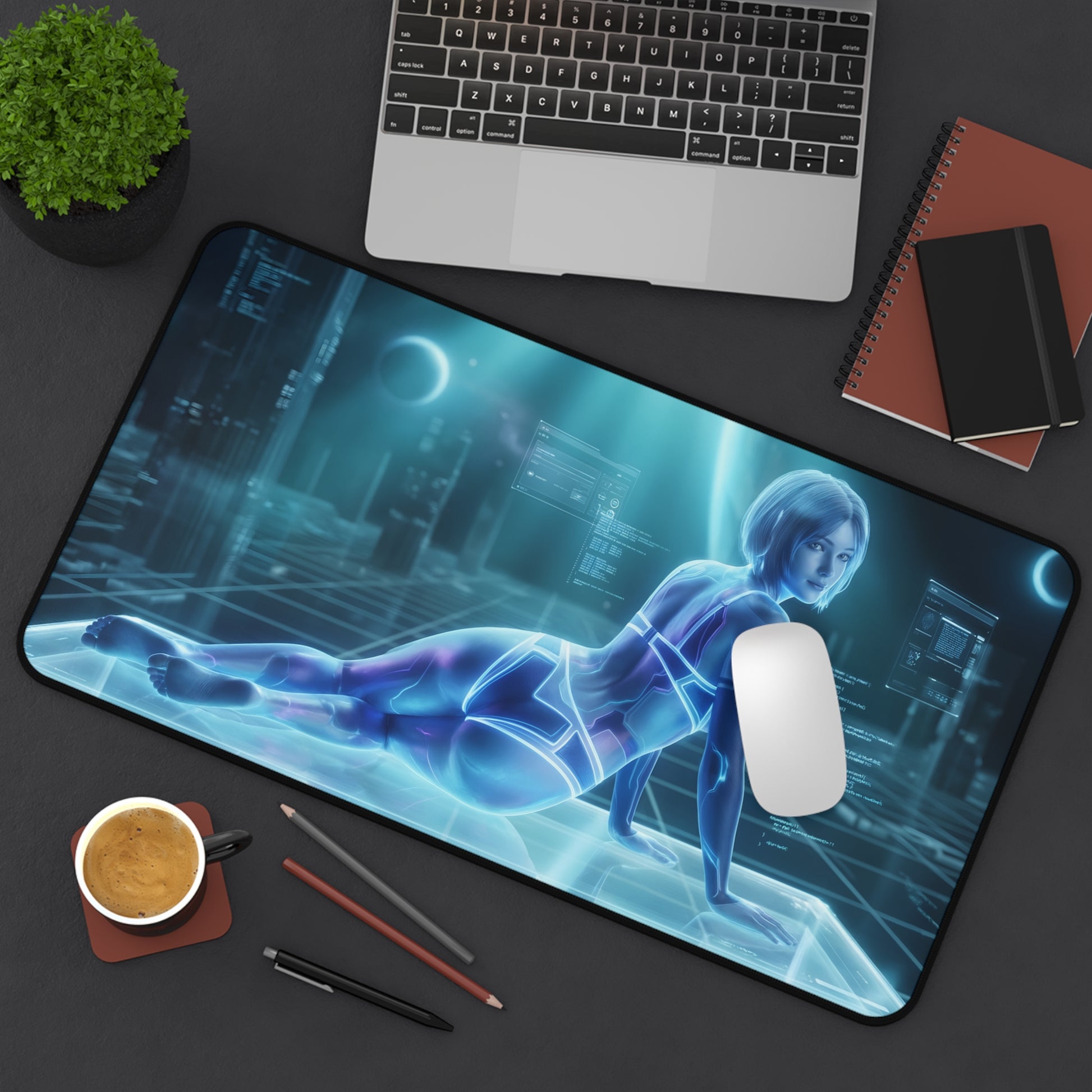 Cortana Mouse Pad – Sci-Fi Game Gaming Mouse Pad, Stylish Gamer Desk Decor on modern gaming desk with laptop, mouse and coffee