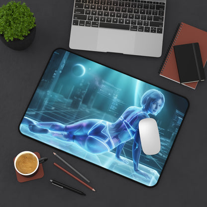 Cortana Mouse Pad – Sci-Fi Game Gaming Mouse Pad, Stylish Gamer Desk Decor on futuristic gaming desk with holographic sci‑fi character and white mouse