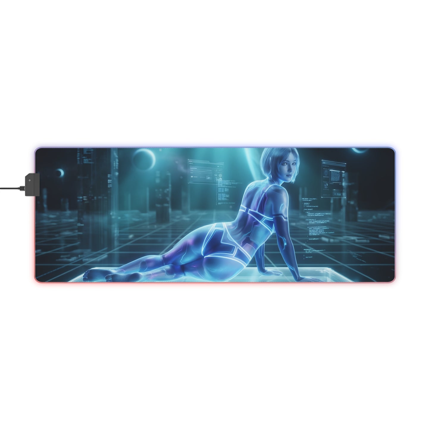 Cortana RGB Mouse Pad – Sci-Fi LED Desk Mat, Futuristic Gamer Setup showcasing sci‑fi heroine artwork, neon edge lighting and extended non‑slip desk mat