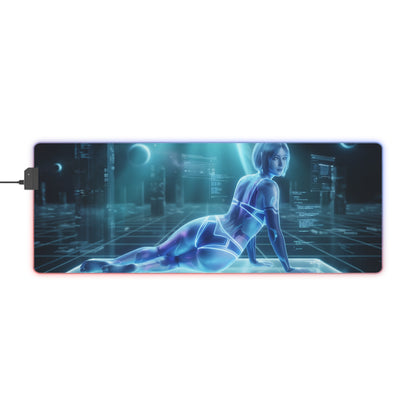 Cortana RGB Mouse Pad – Sci-Fi LED Desk Mat, Futuristic Gamer Setup showcasing sci‑fi heroine artwork, neon edge lighting and extended non‑slip desk mat