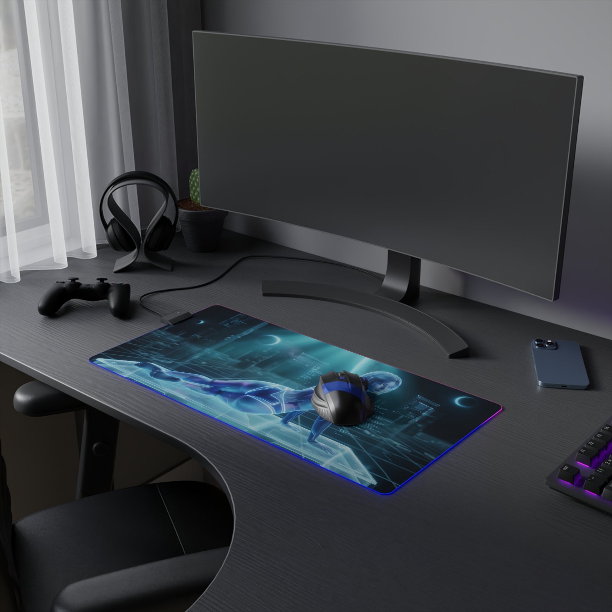 Cortana RGB Mouse Pad – Sci-Fi LED Desk Mat, Futuristic Gamer Setup showing neon heroine artwork, extended RGB desk mat with non-slip base