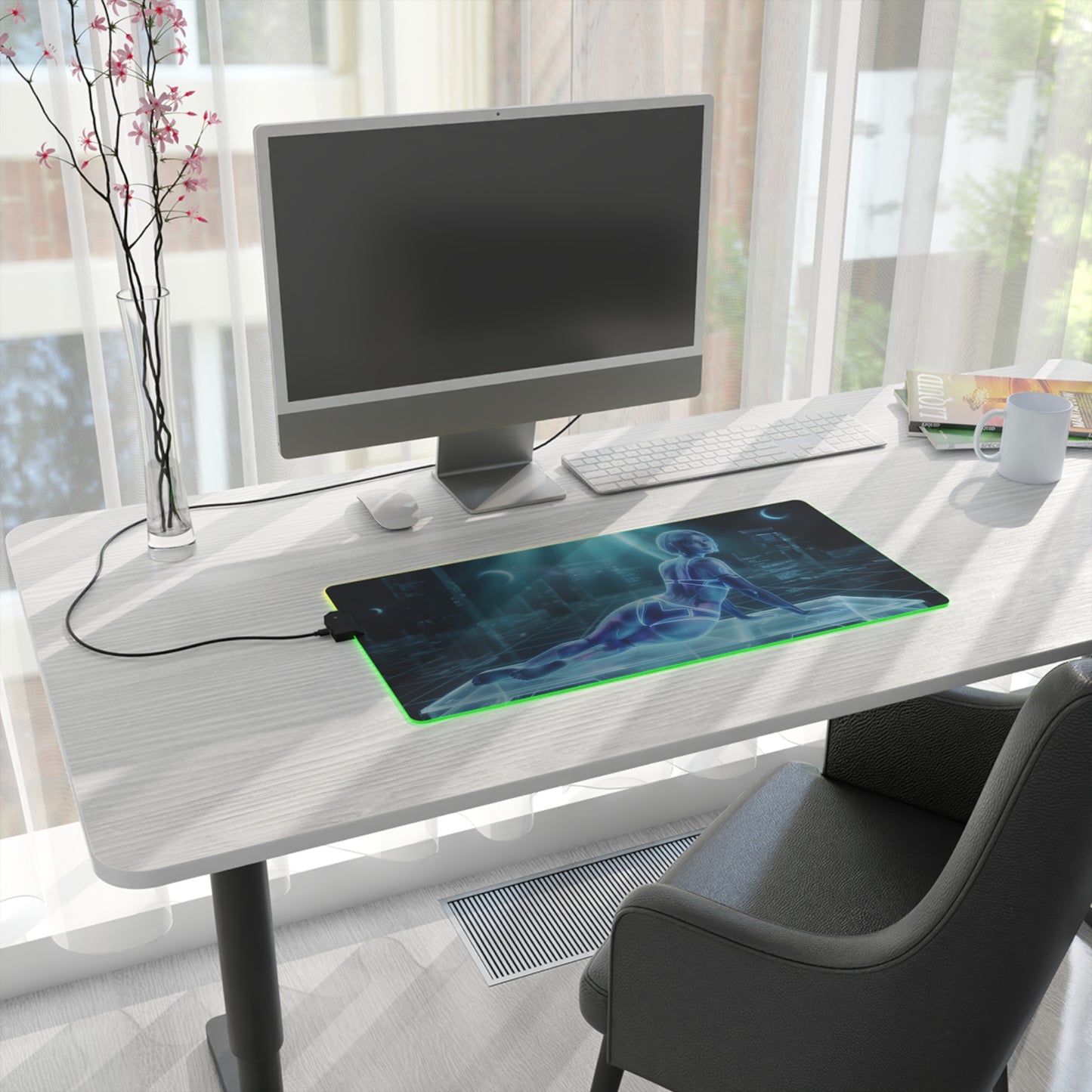 Cortana RGB Mouse Pad – Sci-Fi LED Desk Mat, Futuristic Gamer Setup on modern desk with neon edge lighting and digital heroine artwork