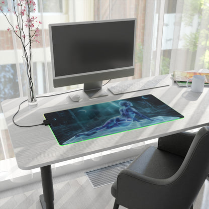 Cortana RGB Mouse Pad – Sci-Fi LED Desk Mat, Futuristic Gamer Setup on desk with neon-edge lighting and sci-fi heroine artwork
