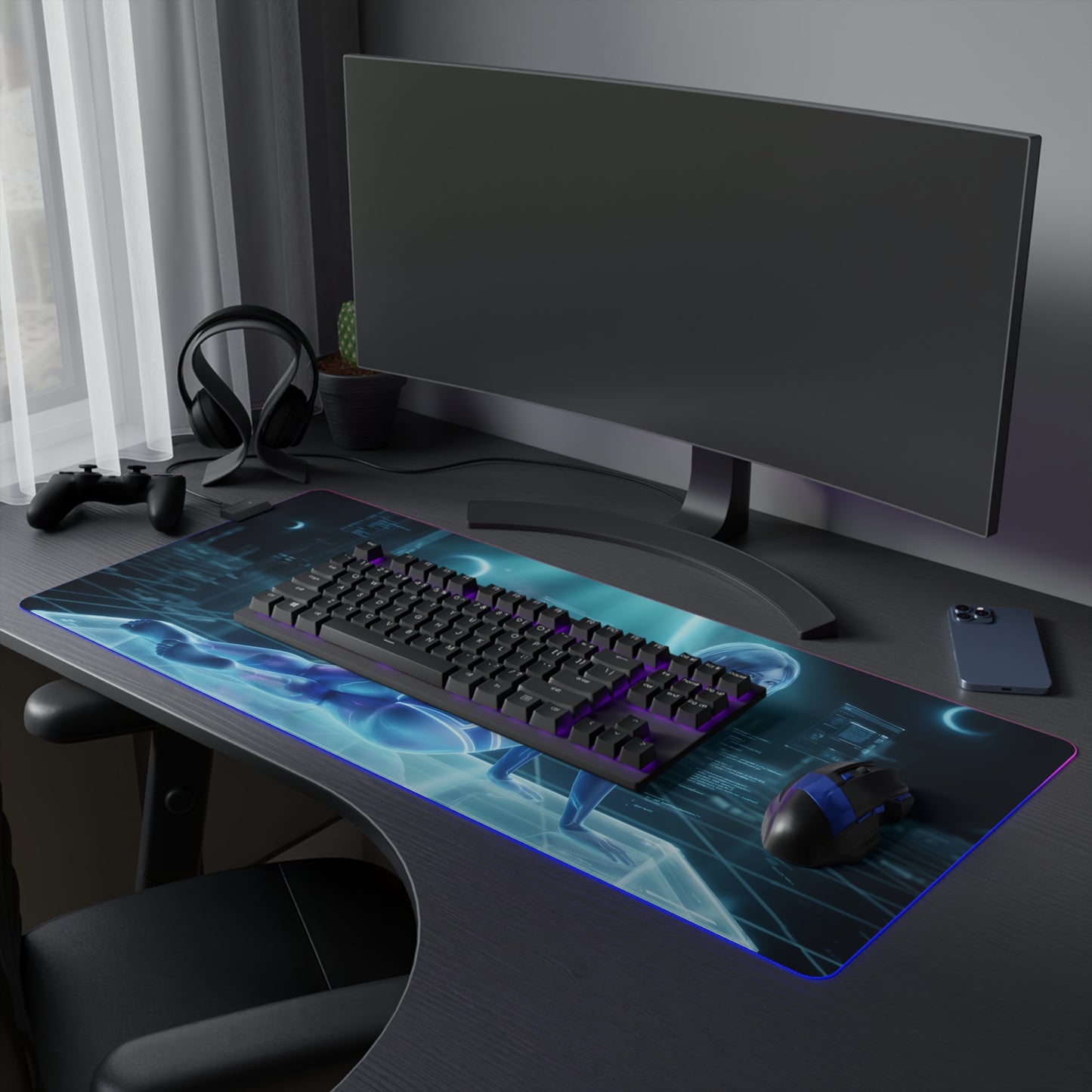 Cortana RGB Mouse Pad – Sci-Fi LED Desk Mat, Futuristic Gamer Setup on black gaming desk with keyboard mouse and neon blue sci-fi artwork