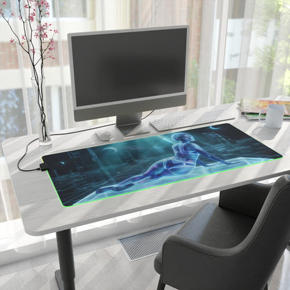 Cortana RGB Mouse Pad – Sci-Fi LED Desk Mat, Futuristic Gamer Setup on modern desk with neon heroine artwork and full keyboard coverage