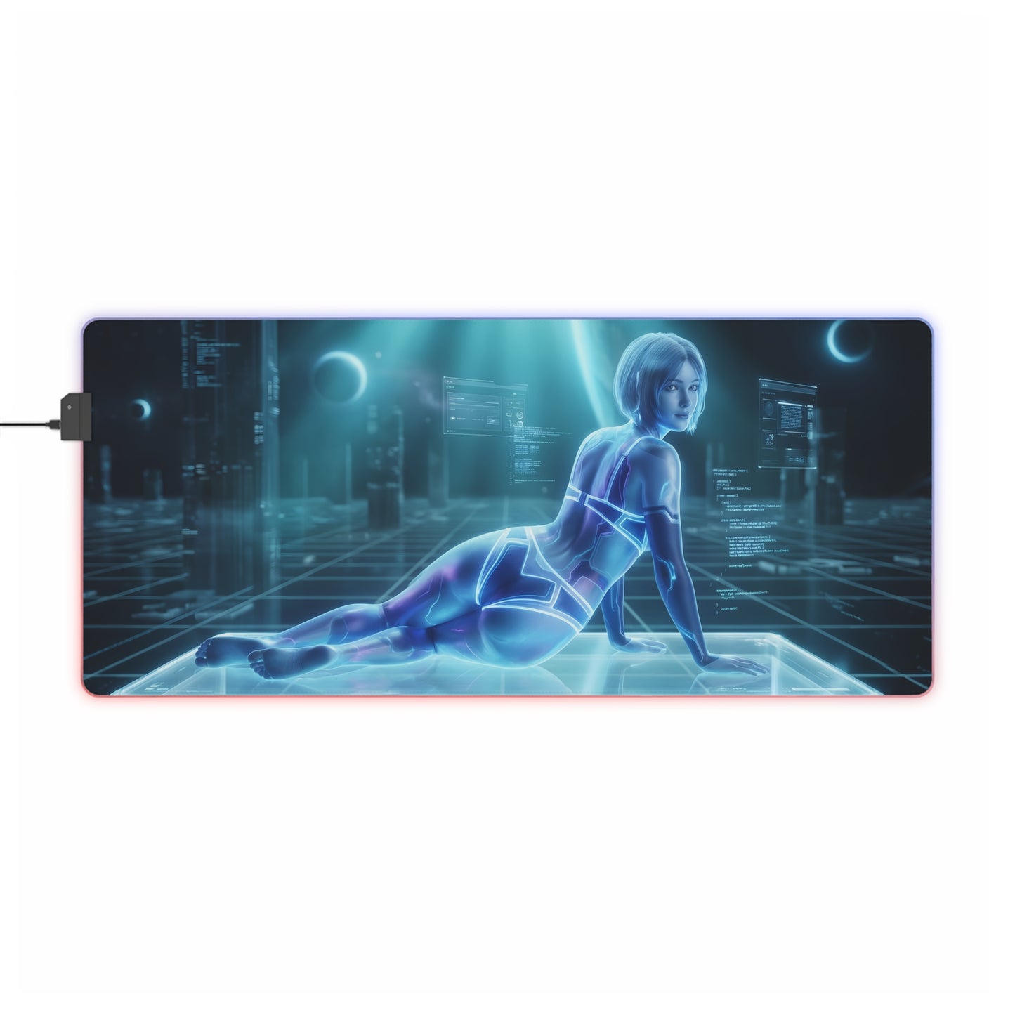Cortana RGB Mouse Pad – Sci-Fi LED Desk Mat, Futuristic Gamer Setup featuring neon digital heroine artwork, extended RGB desk mat with non-slip base