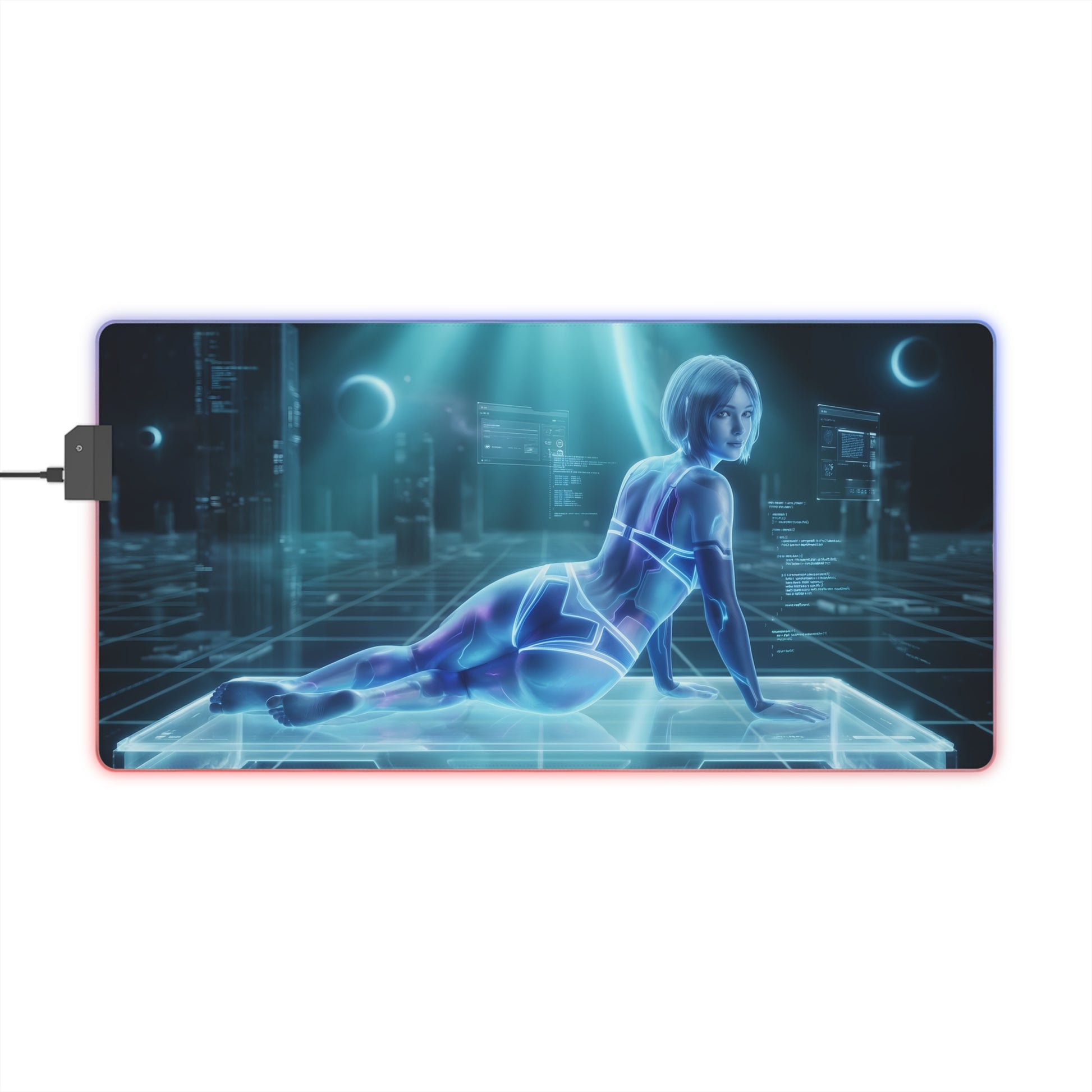 Cortana RGB Mouse Pad – Sci-Fi LED Desk Mat, Futuristic Gamer Setup featuring neon digital heroine artwork, edge RGB lighting, extended non-slip desk mat