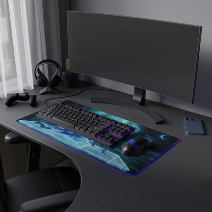 Cortana RGB Mouse Pad – Sci-Fi LED Desk Mat, Futuristic Gamer Setup on a sleek gaming desk with keyboard, mouse, and neon edge lighting
