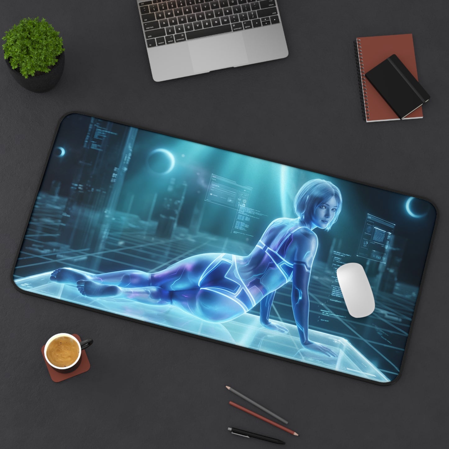 Cortana Mouse Pad – Sci-Fi Game Gaming Mouse Pad, Stylish Gamer Desk Decor showing futuristic holographic AI design on desk
