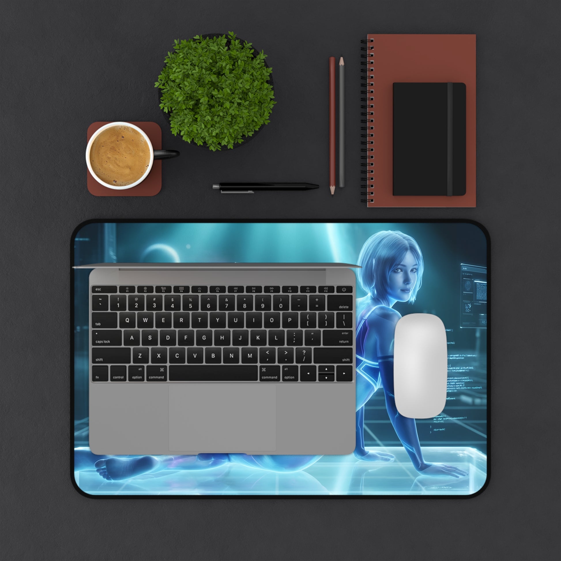 Cortana Mouse Pad – Sci-Fi Game Gaming Mouse Pad, Stylish Gamer Desk Decor on futuristic gaming desk with laptop and mouse
