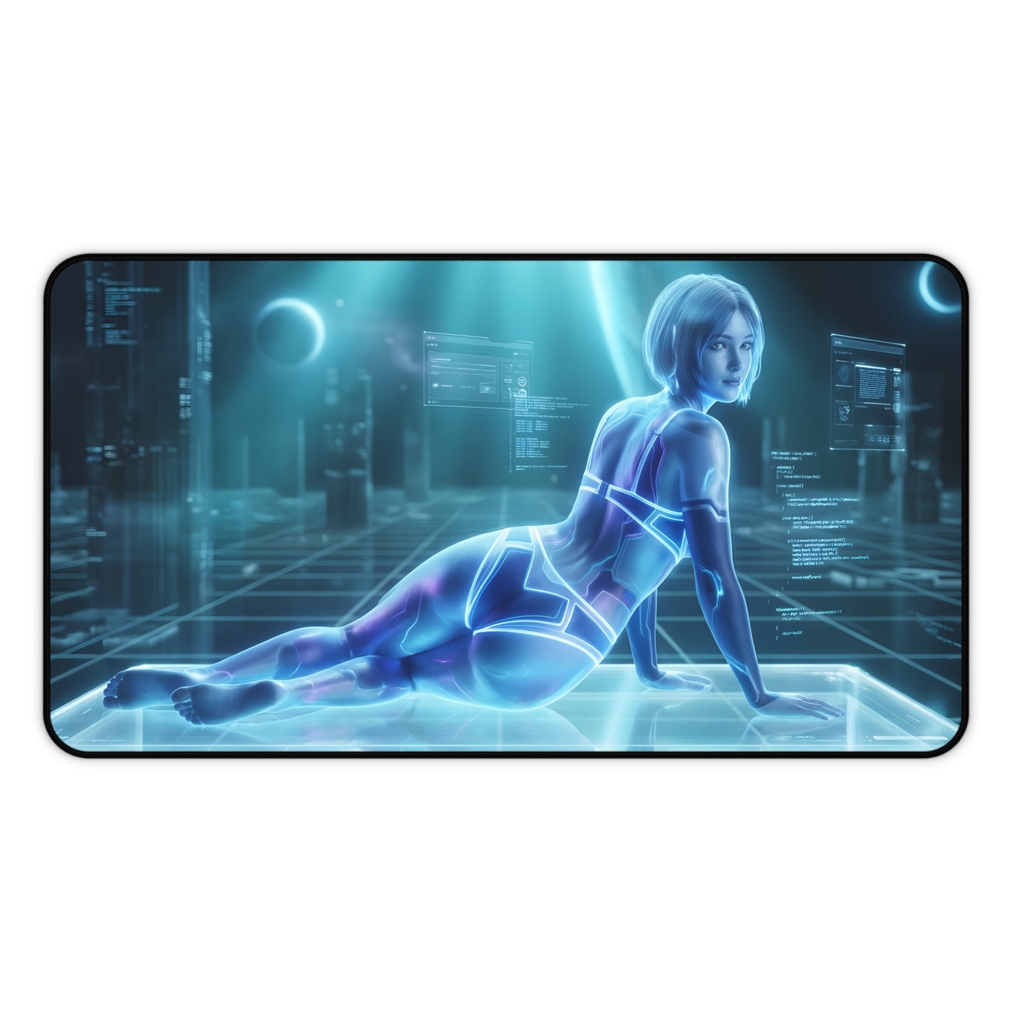 Cortana Mouse Pad – Sci-Fi Game Gaming Mouse Pad, Stylish Gamer Desk Decor featuring futuristic holographic AI character on a sleek gaming desk