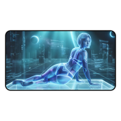Cortana Mouse Pad – Sci-Fi Game Gaming Mouse Pad, Stylish Gamer Desk Decor featuring futuristic holographic AI character on a sleek gaming desk