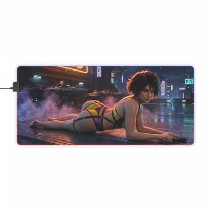 Cowboy Bebop Mouse Pad, Faye Valentine Illuminated LED Desk Mat, Gift for Gamer featuring Faye Valentine reclining on neon cyberpunk street