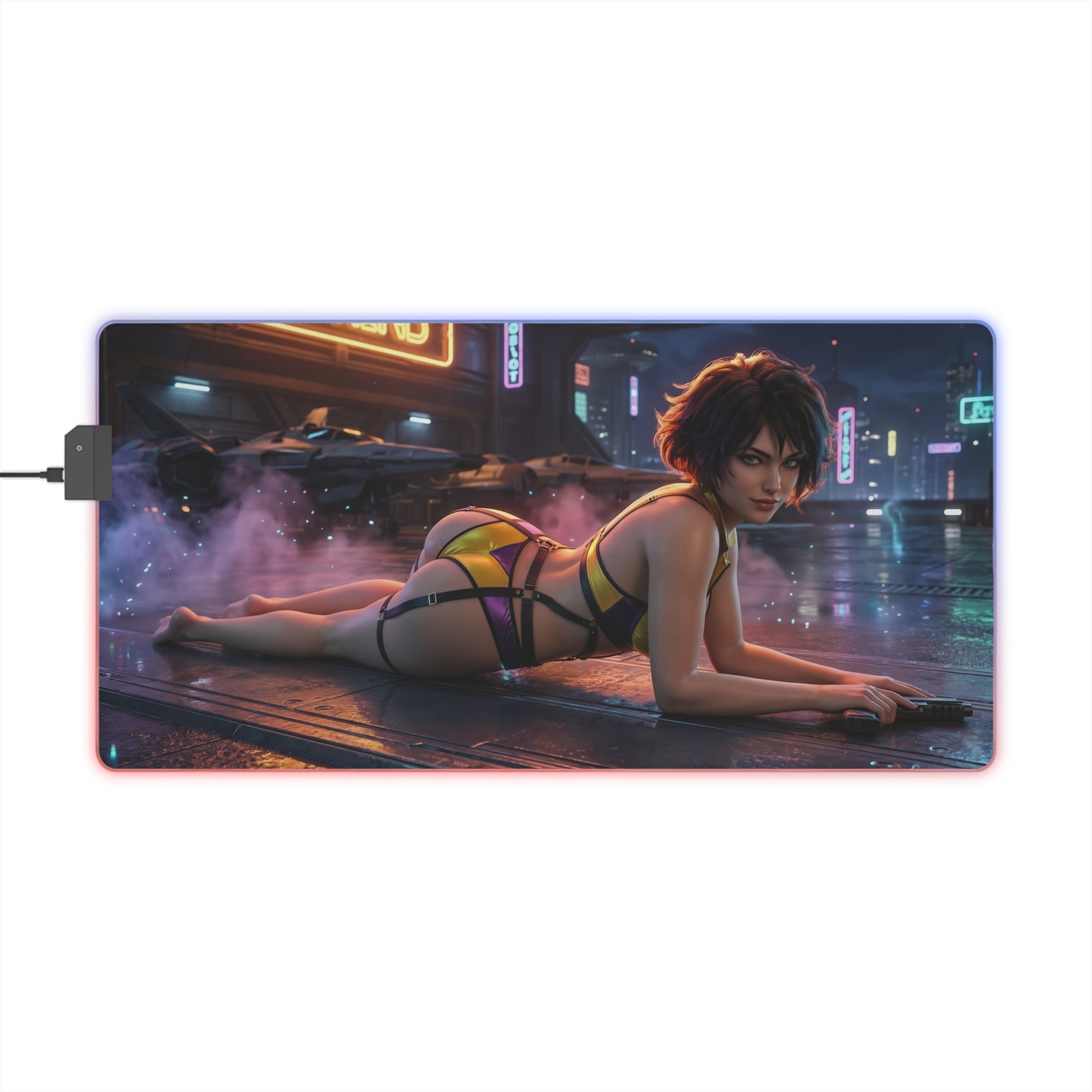 Cowboy Bebop Mouse Pad, Faye Valentine Illuminated LED Desk Mat, Gift for Gamer showcasing Faye in neon cyberpunk pose on large RGB gaming desk mat