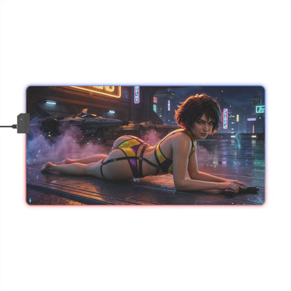 Cowboy Bebop Mouse Pad, Faye Valentine Illuminated LED Desk Mat, Gift for Gamer showcasing Faye in neon cyberpunk pose on large RGB gaming desk mat