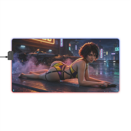 Cowboy Bebop Mouse Pad, Faye Valentine Illuminated LED Desk Mat, Gift for Gamer showcasing Faye in neon cyberpunk pose on large RGB gaming desk mat