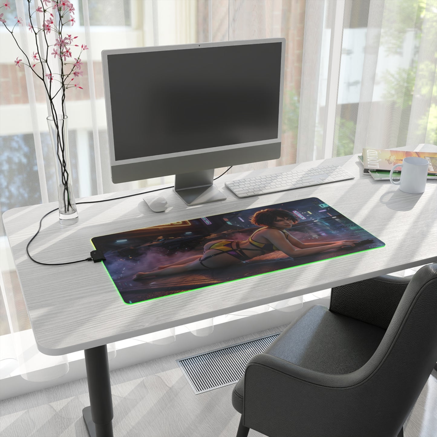 Cowboy Bebop Mouse Pad, Faye Valentine Illuminated LED Desk Mat, Gift for Gamer - LED large gaming desk mat with Faye Valentine artwork