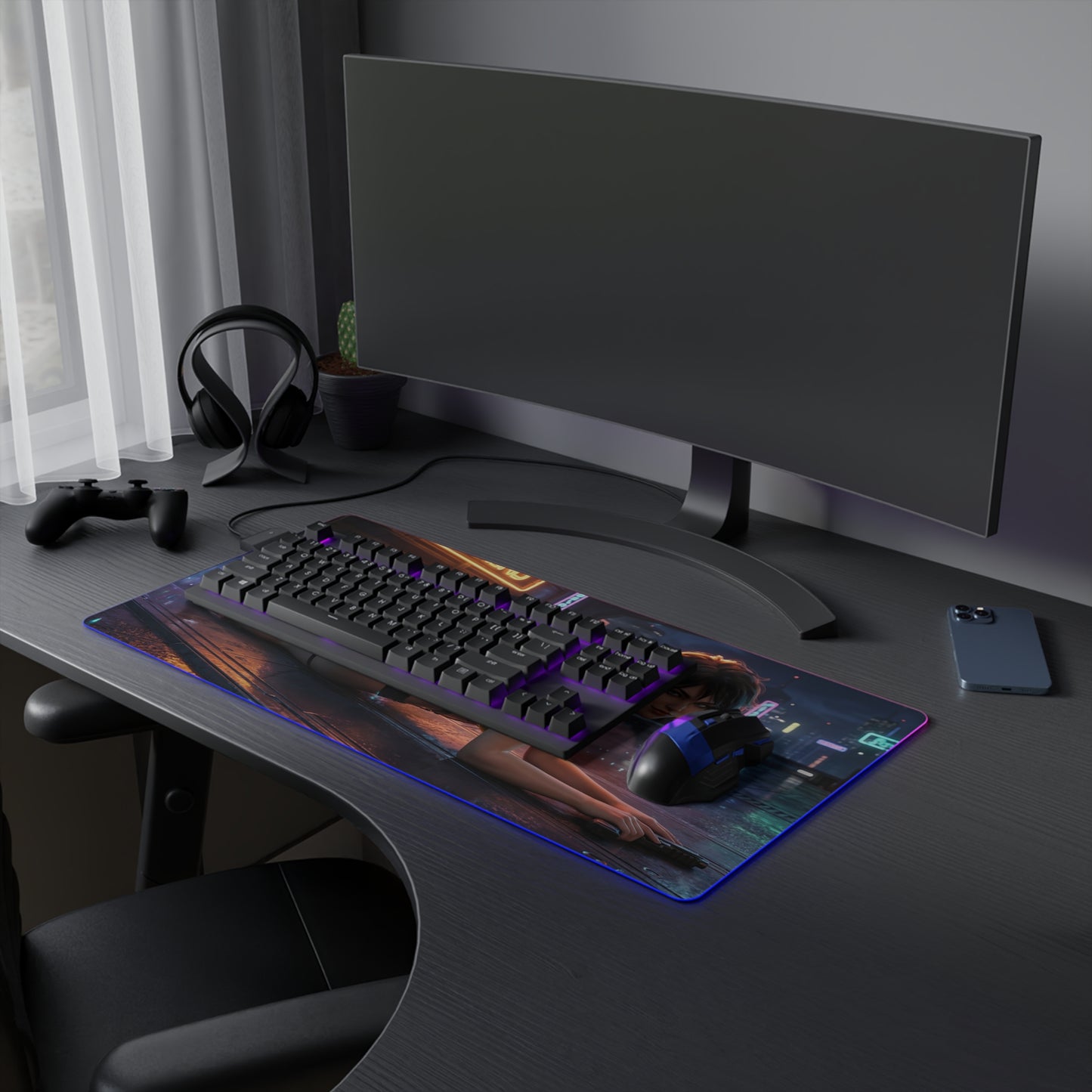 Cowboy Bebop Mouse Pad, Faye Valentine Illuminated LED Desk Mat, Gift for Gamer — LED gaming desk mat with Faye Valentine art, smooth precision cloth surface