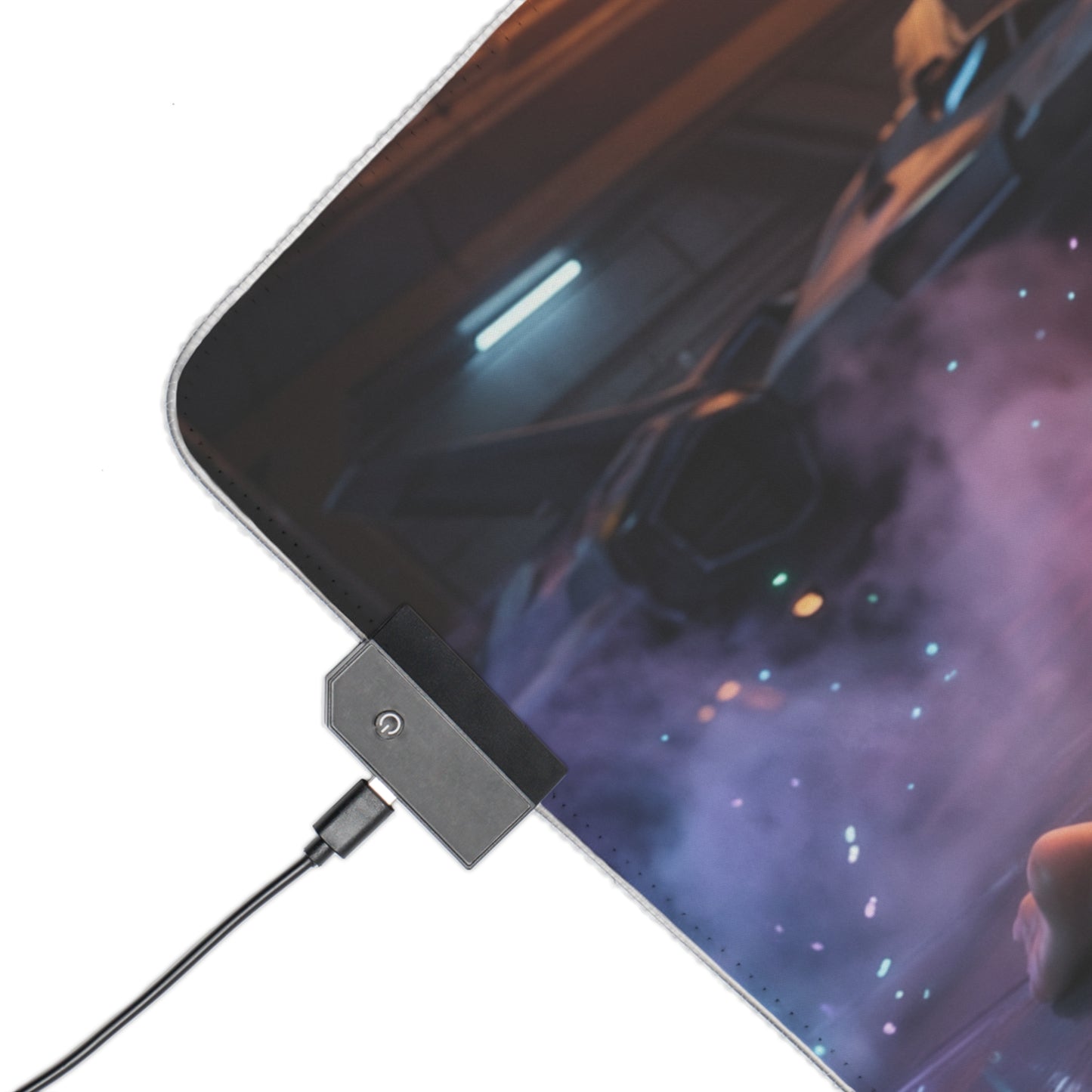 Cowboy Bebop Mouse Pad, Faye Valentine Illuminated LED Desk Mat, Gift for Gamer — corner LED connector and precision-cloth surface close-up