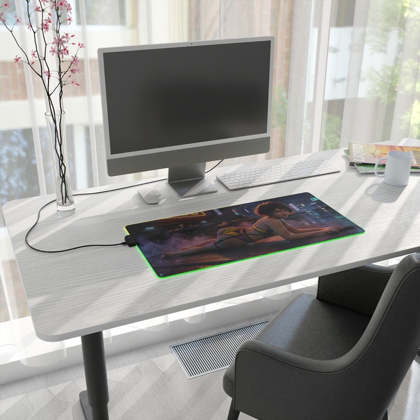 Cowboy Bebop Mouse Pad, Faye Valentine Illuminated LED Desk Mat, Gift for Gamer on a modern desk with green LED glow and smooth precision-cloth surface