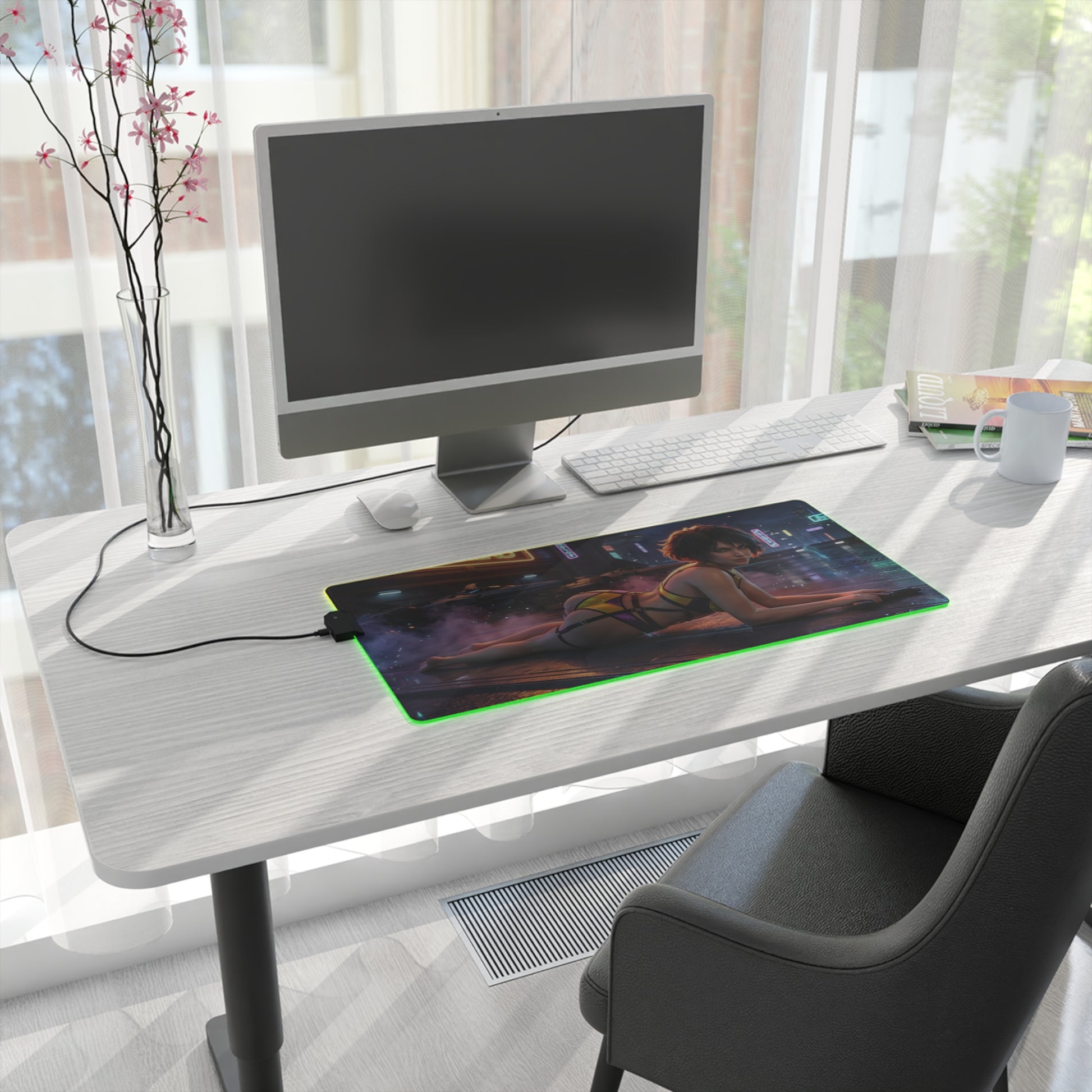 Cowboy Bebop Mouse Pad, Faye Valentine Illuminated LED Desk Mat, Gift for Gamer on a modern desk with green LED glow and smooth precision-cloth surface