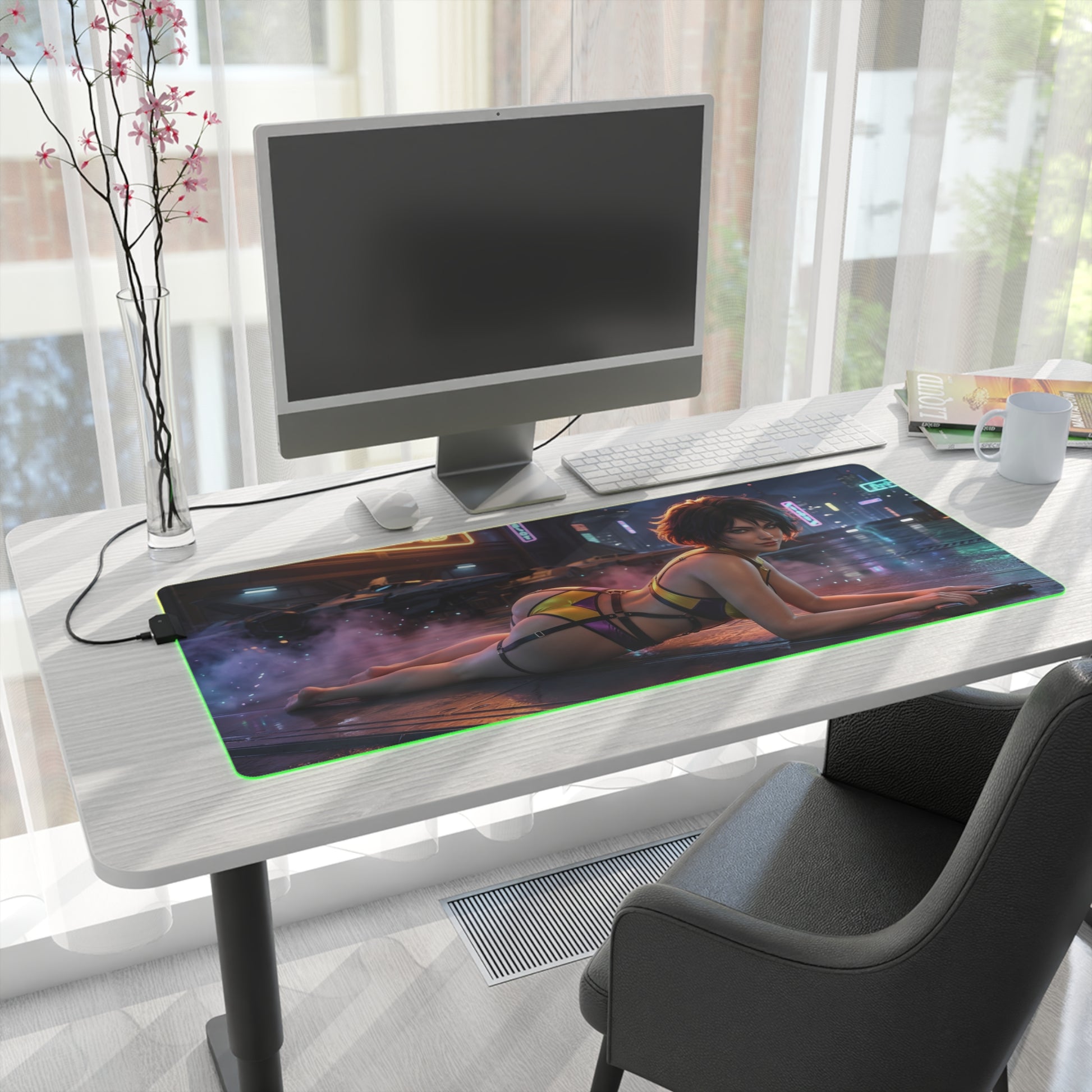 Cowboy Bebop Mouse Pad, Faye Valentine Illuminated LED Desk Mat, Gift for Gamer — large RGB gaming desk mat with Faye Valentine art