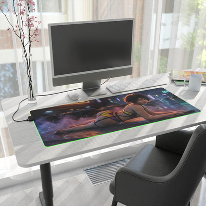Cowboy Bebop Mouse Pad, Faye Valentine Illuminated LED Desk Mat, Gift for Gamer — large RGB gaming desk mat with Faye Valentine art
