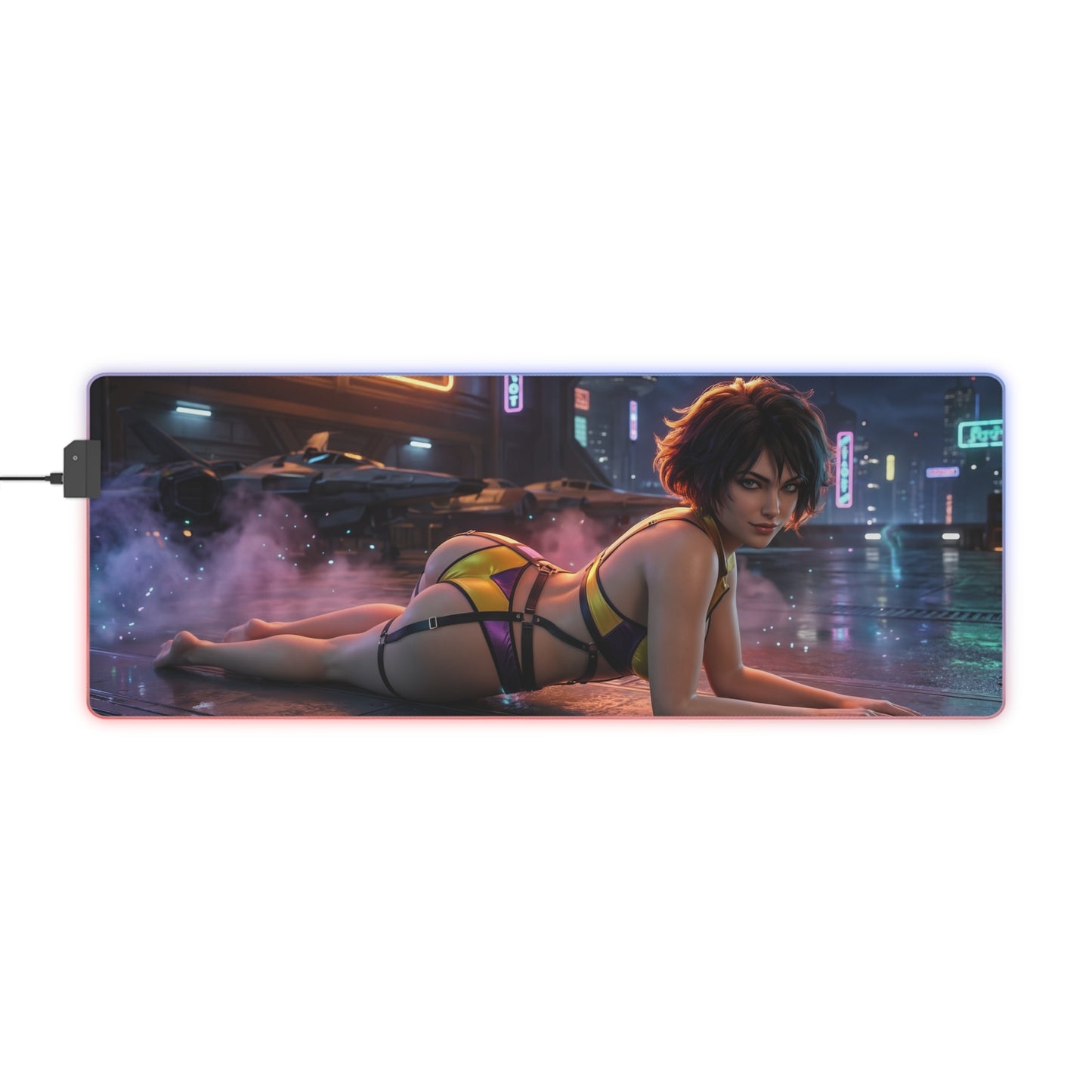 Cowboy Bebop Mouse Pad, Faye Valentine Illuminated LED Desk Mat, Gift for Gamer featuring Faye in neon cityscape on precision-cloth gaming desk mat