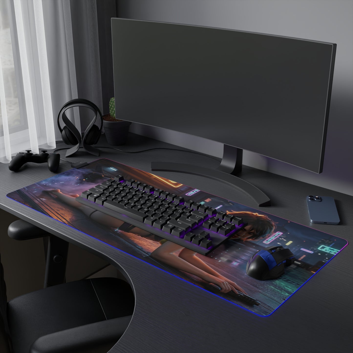 Cowboy Bebop Mouse Pad, Faye Valentine Illuminated LED Desk Mat, Gift for Gamer - LED gaming desk mat with Faye Valentine artwork and RGB edge lighting