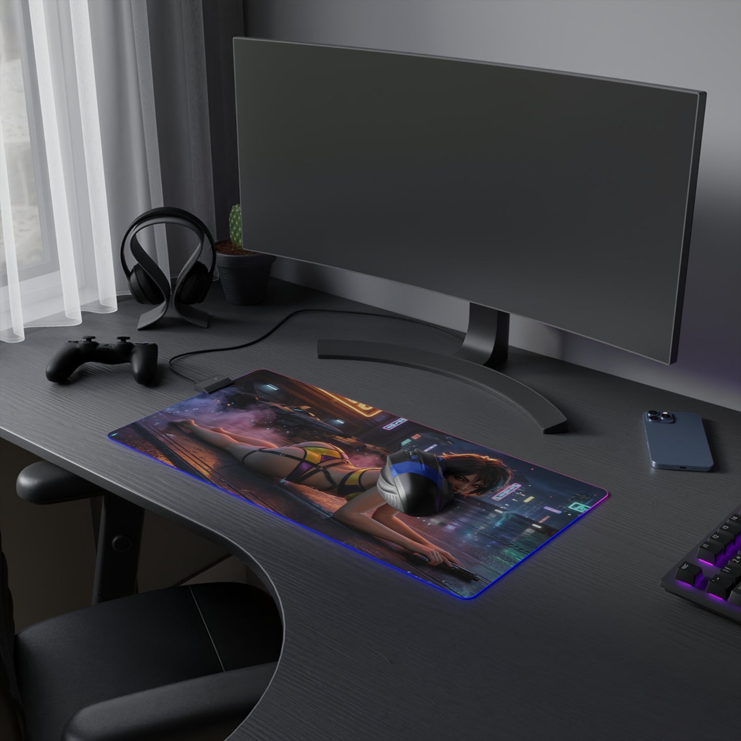 Cowboy Bebop Mouse Pad, Faye Valentine Illuminated LED Desk Mat, Gift for Gamer on gaming desk with RGB lighting and smooth precision-cloth surface