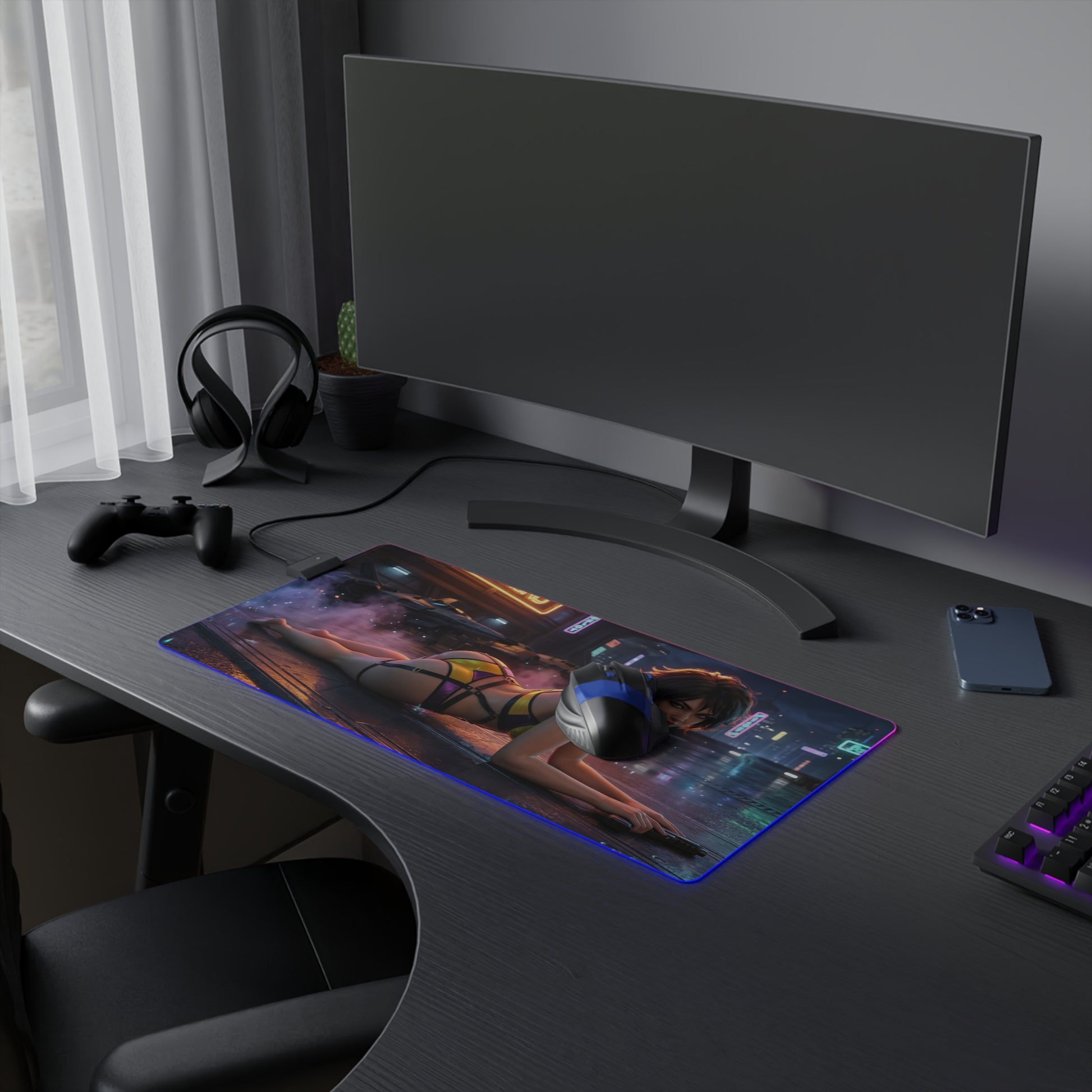 Cowboy Bebop Mouse Pad, Faye Valentine Illuminated LED Desk Mat, Gift for Gamer on gaming desk with RGB lighting and smooth precision-cloth surface