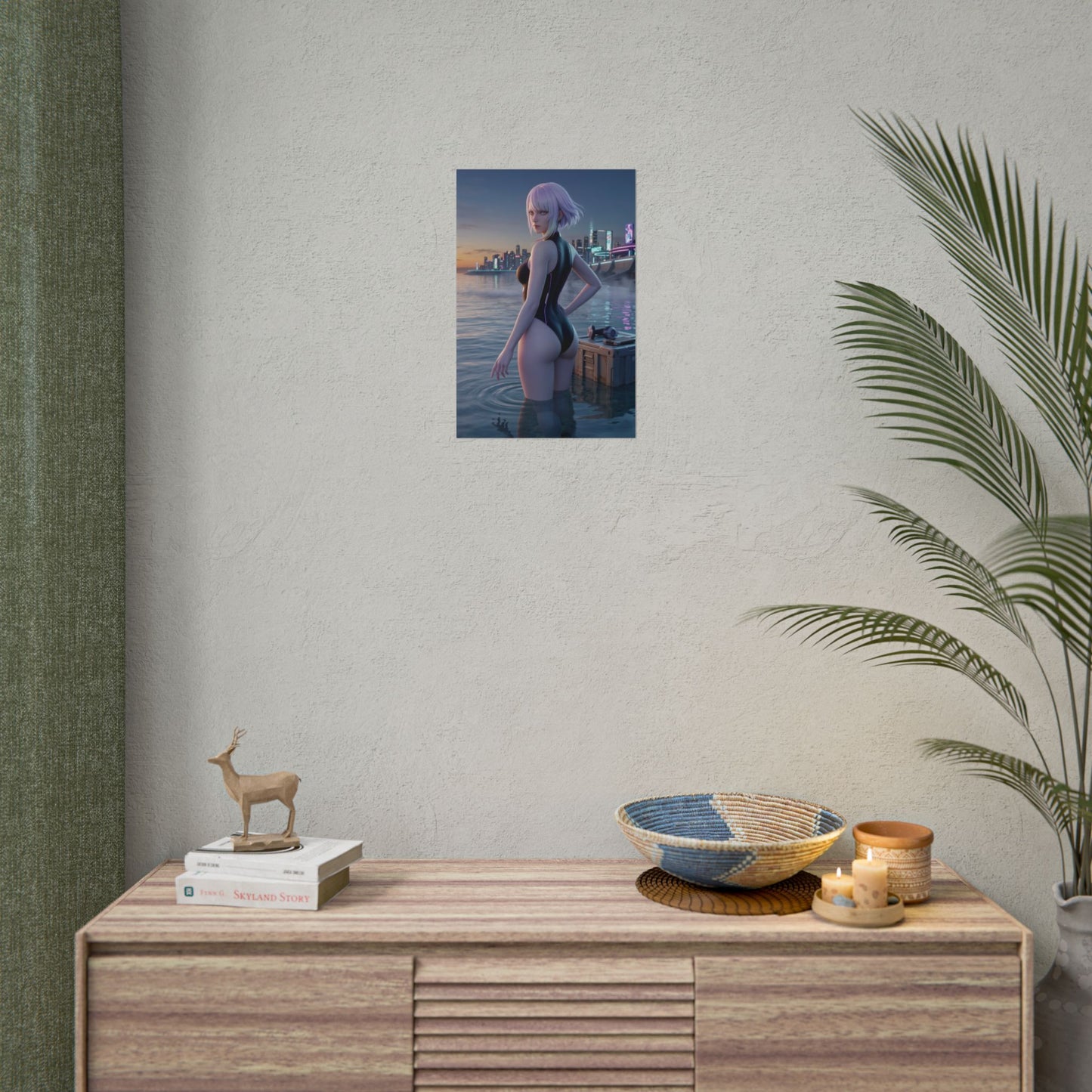 Cyberpunk Poster – Lucy Art Print, Edgerunners Anime Wall Art displayed above a minimalist console with neon city reflections and anime netrunner in water