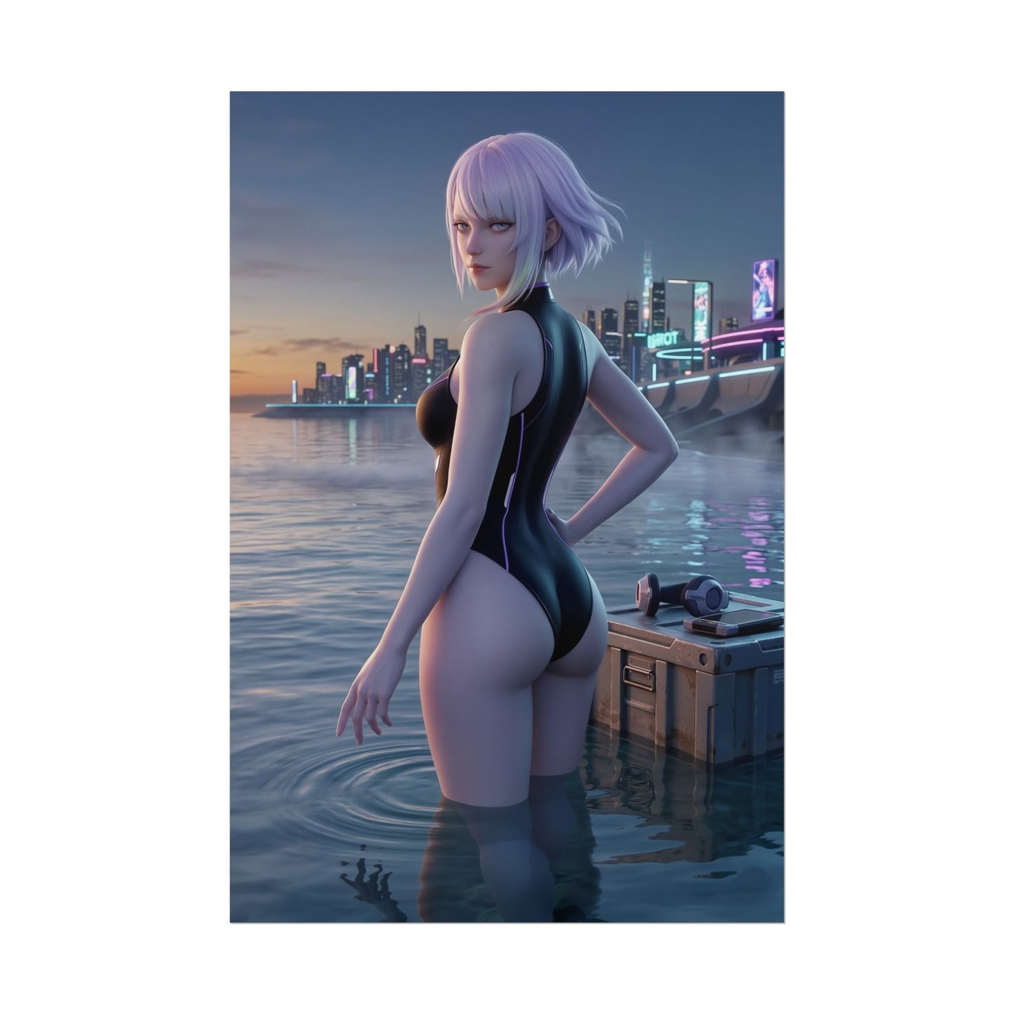 Cyberpunk Poster – Lucy Art Print, Edgerunners Anime Wall Art featuring Lucy in water with neon city skyline reflections