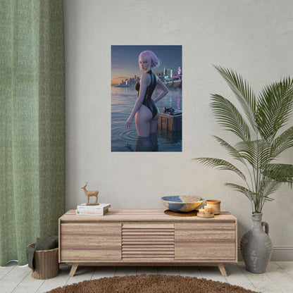 Cyberpunk Poster – Lucy Art Print, Edgerunners Anime Wall Art showing netrunner in water with neon city reflections for gaming room décor