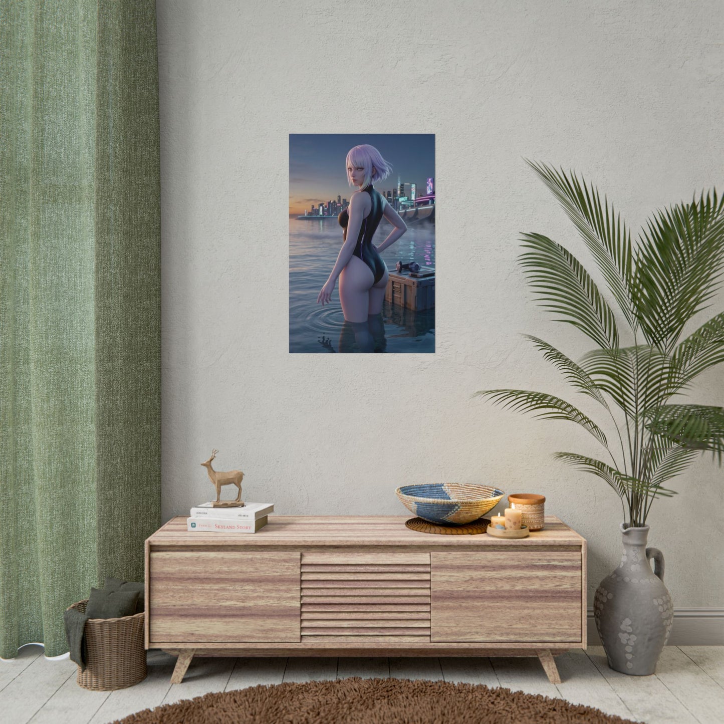 Cyberpunk Poster – Lucy Art Print, Edgerunners Anime Wall Art showing Lucy standing in neon-lit water with futuristic city skyline reflections