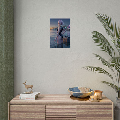 Cyberpunk Poster – Lucy Art Print, Edgerunners Anime Wall Art showing netrunner in water with neon city reflections, ideal anime gaming room decor