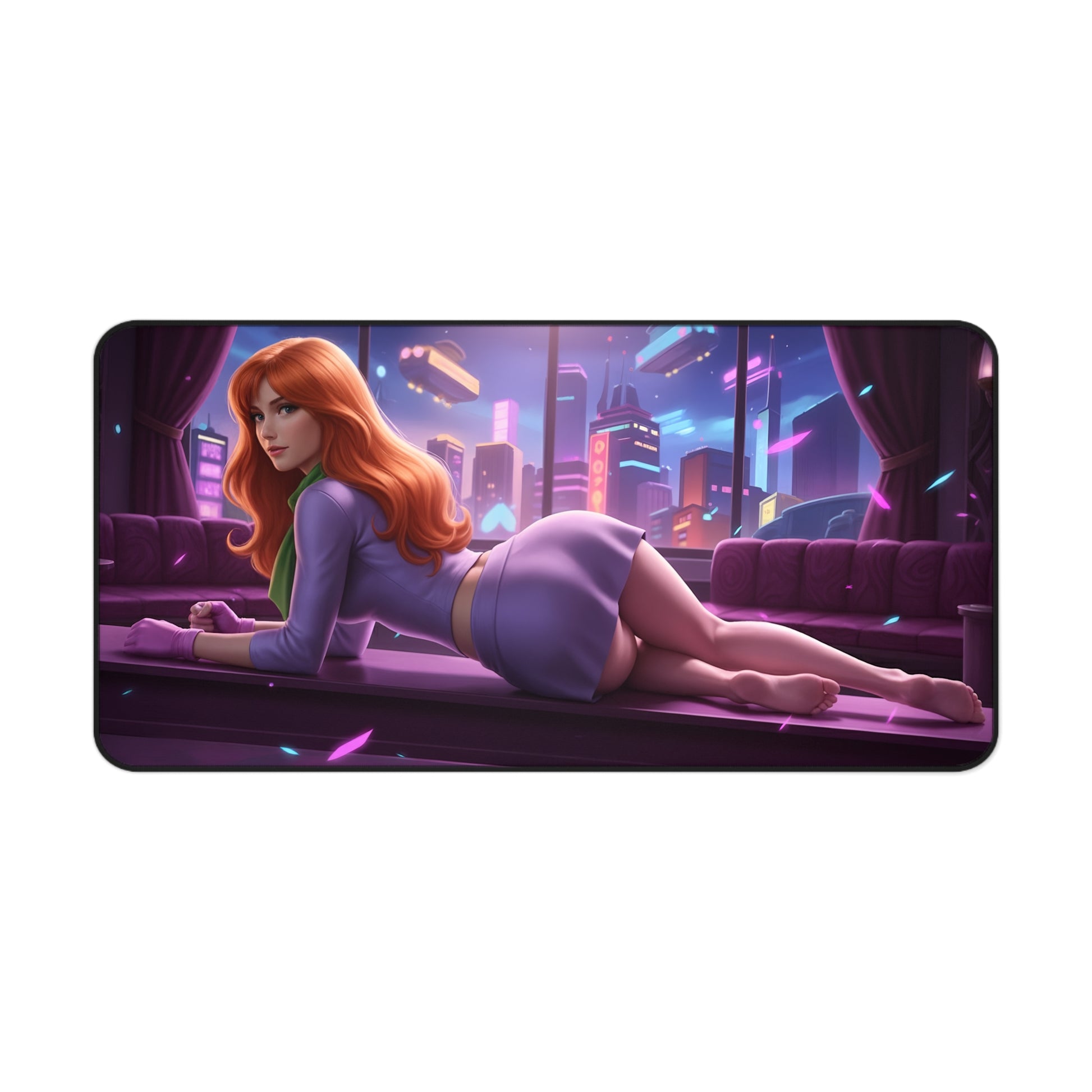Daphne Blake Mouse Pad – Classic Cartoon Gaming Mouse Pad, Stylish Gamer Desk Decor featuring red-haired Daphne in neon city gaming desk scene