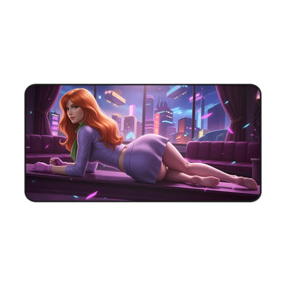 Daphne Blake Mouse Pad – Classic Cartoon Gaming Mouse Pad, Stylish Gamer Desk Decor featuring red-haired Daphne in neon city gaming desk scene