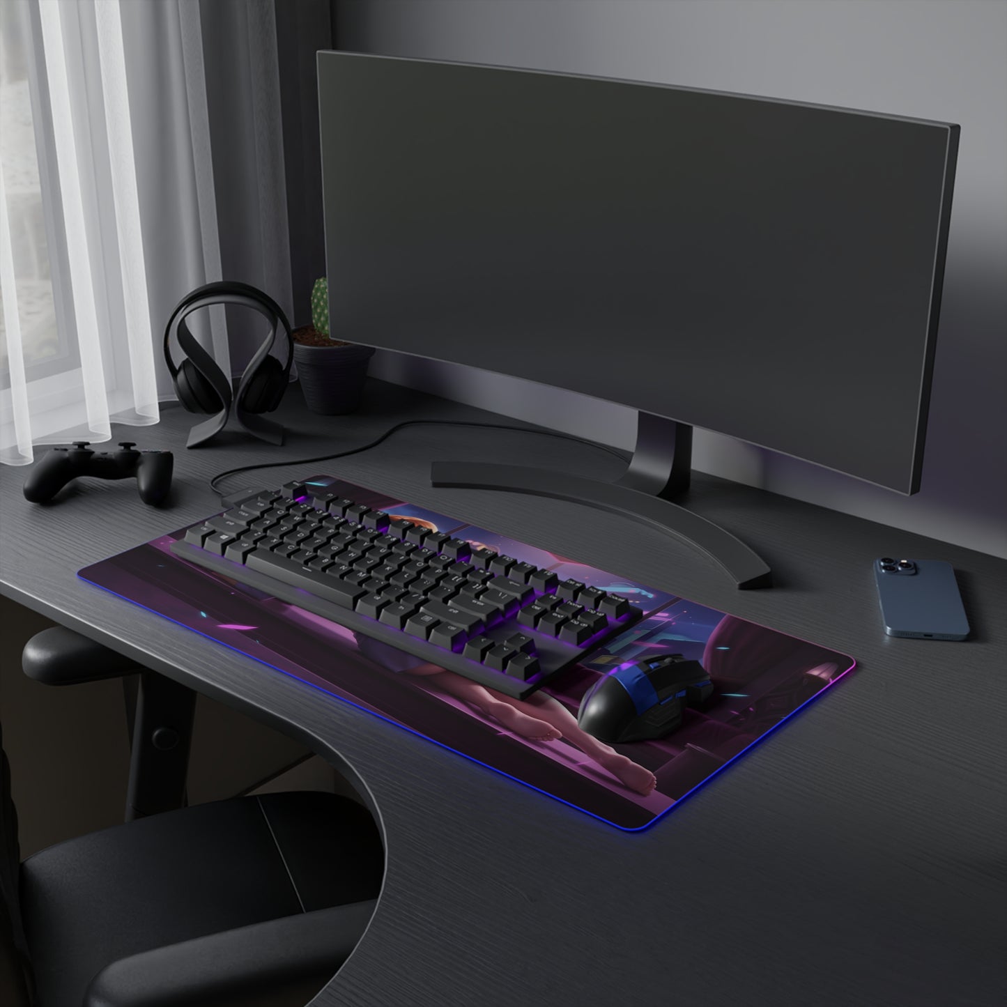 Daphne Blake RGB Mouse Pad – Mystery Theme LED Desk Mat, Gamer Setup showcasing heroine artwork, RGB edge lighting, extended non-slip gaming desk mat