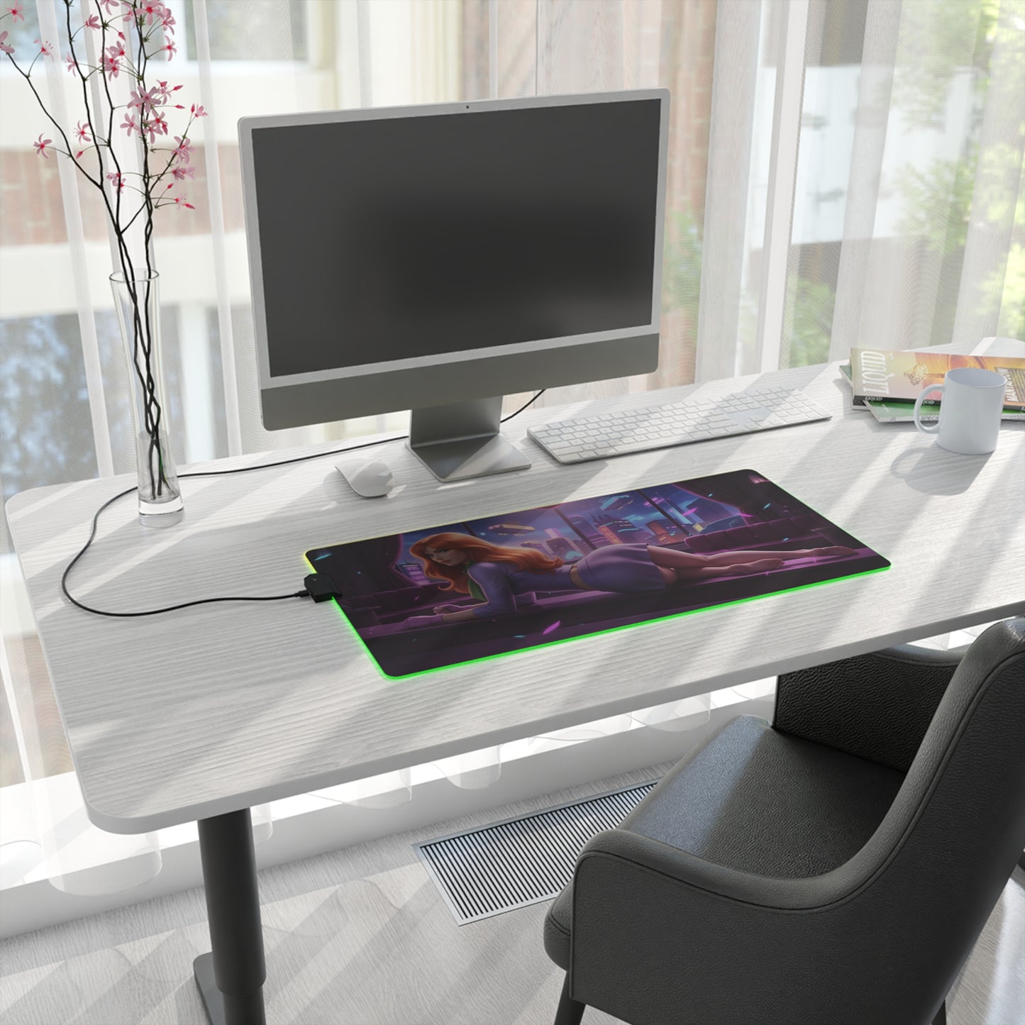 Daphne Blake RGB Mouse Pad – Mystery Theme LED Desk Mat, Gamer Setup on white desk with RGB edge lighting and non-slip base