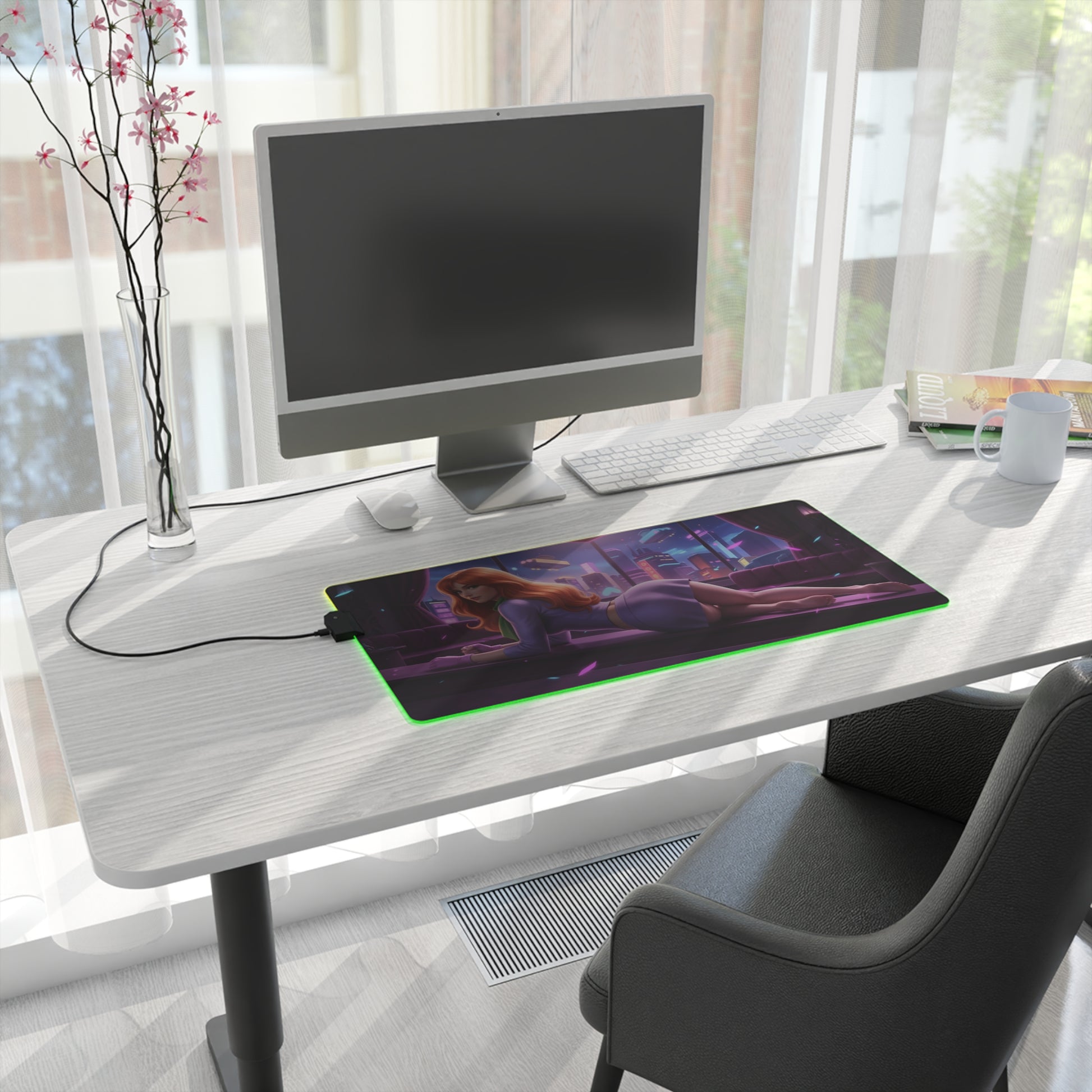 Daphne Blake RGB Mouse Pad – Mystery Theme LED Desk Mat, Gamer Setup on white desk with RGB edge lighting and non-slip base