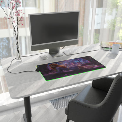 Daphne Blake RGB Mouse Pad – Mystery Theme LED Desk Mat, Gamer Setup on white desk with RGB edge lighting and non-slip base
