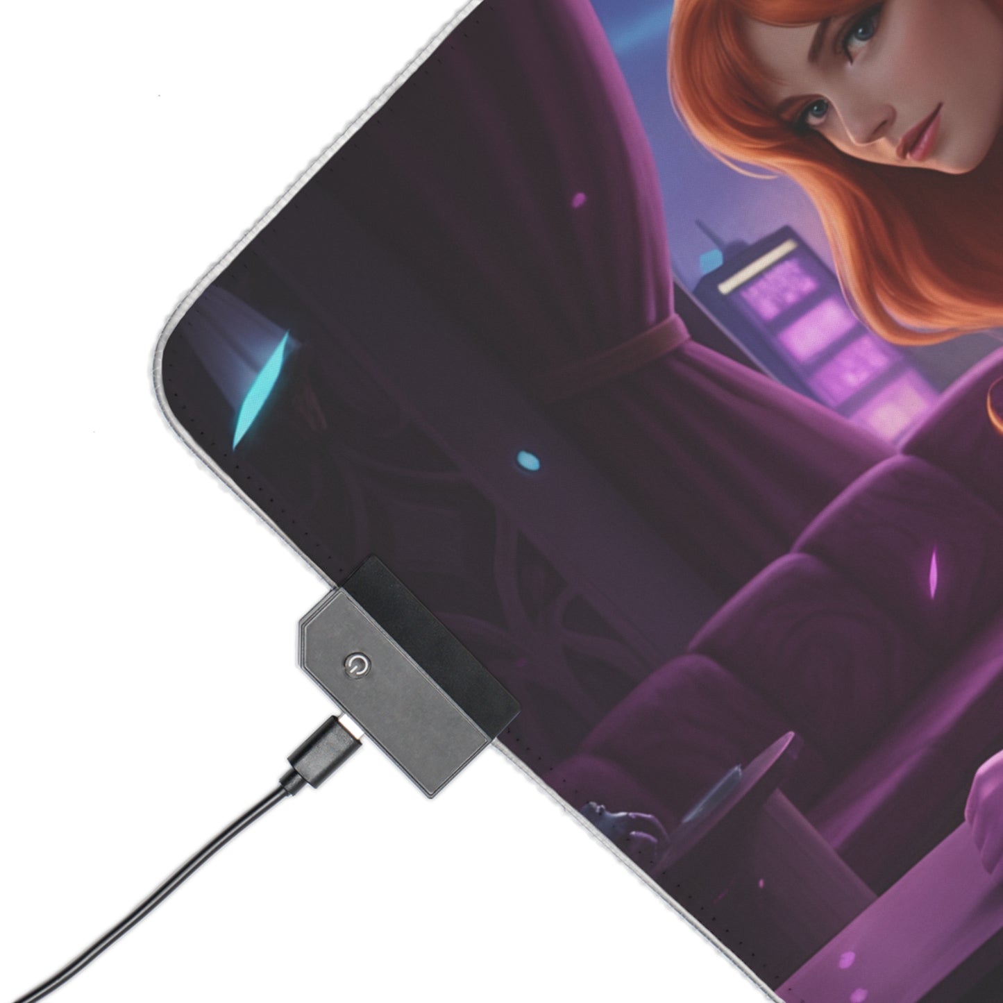 Daphne Blake RGB Mouse Pad – Mystery Theme LED Desk Mat, Gamer Setup LED edge lighting close-up showing heroine artwork and USB controller