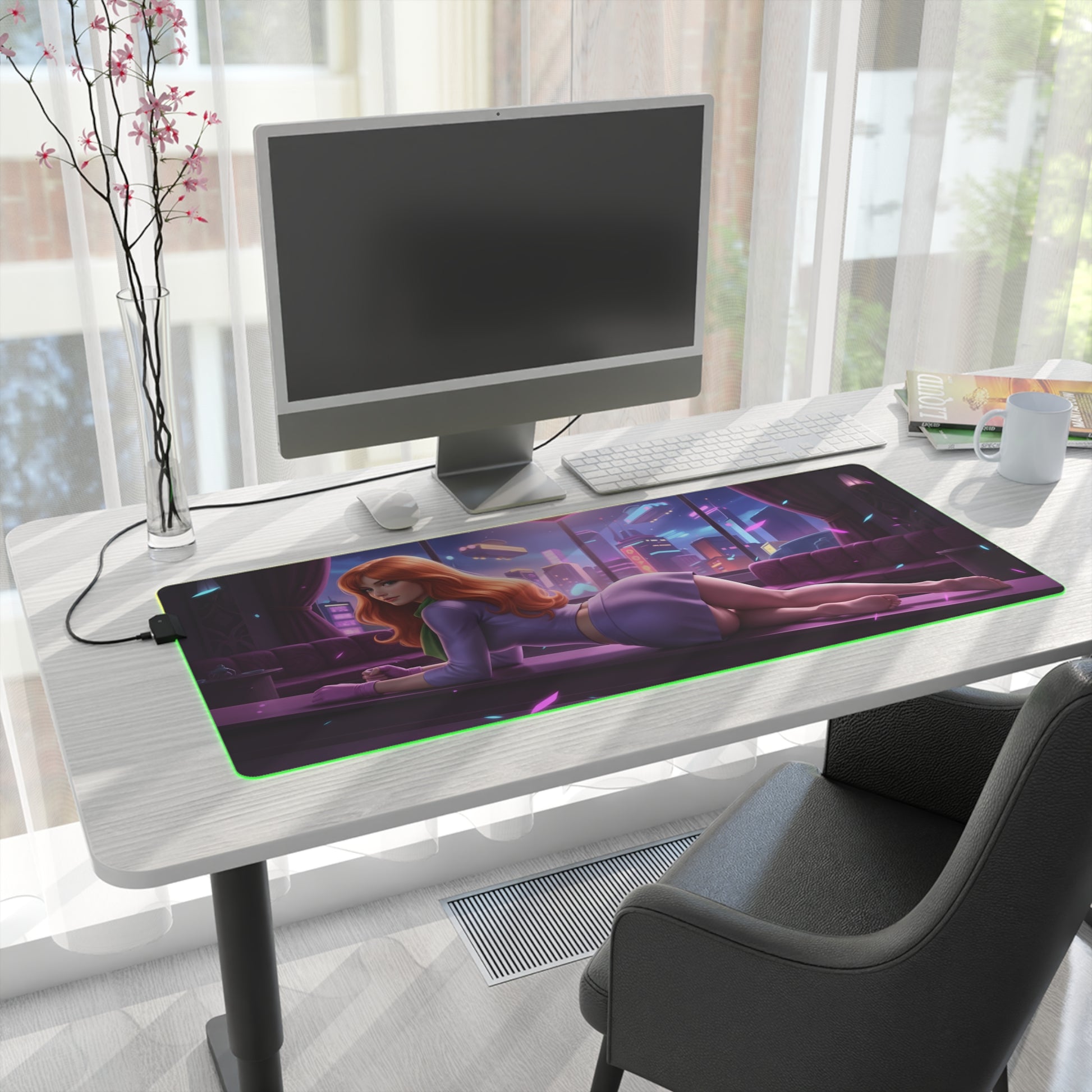 Daphne Blake RGB Mouse Pad – Mystery Theme LED Desk Mat, Gamer Setup on white desk with RGB edge lighting and heroine artwork