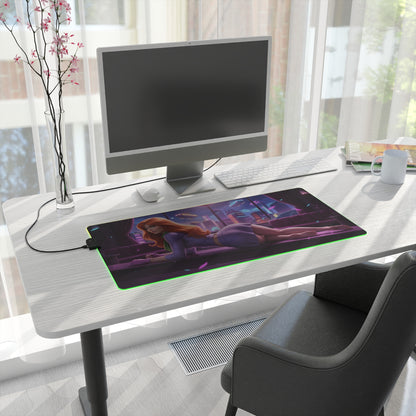 Daphne Blake RGB Mouse Pad – Mystery Theme LED Desk Mat, Gamer Setup on modern white desk with RGB edge lighting and full keyboard placement